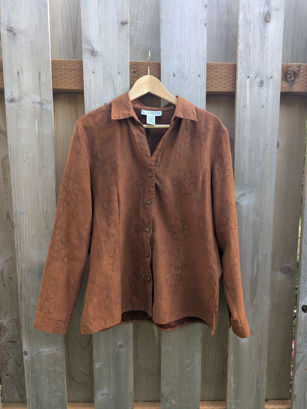 Sag Harbor Women's Brown Faux Suede Floral Button-Down Shirt